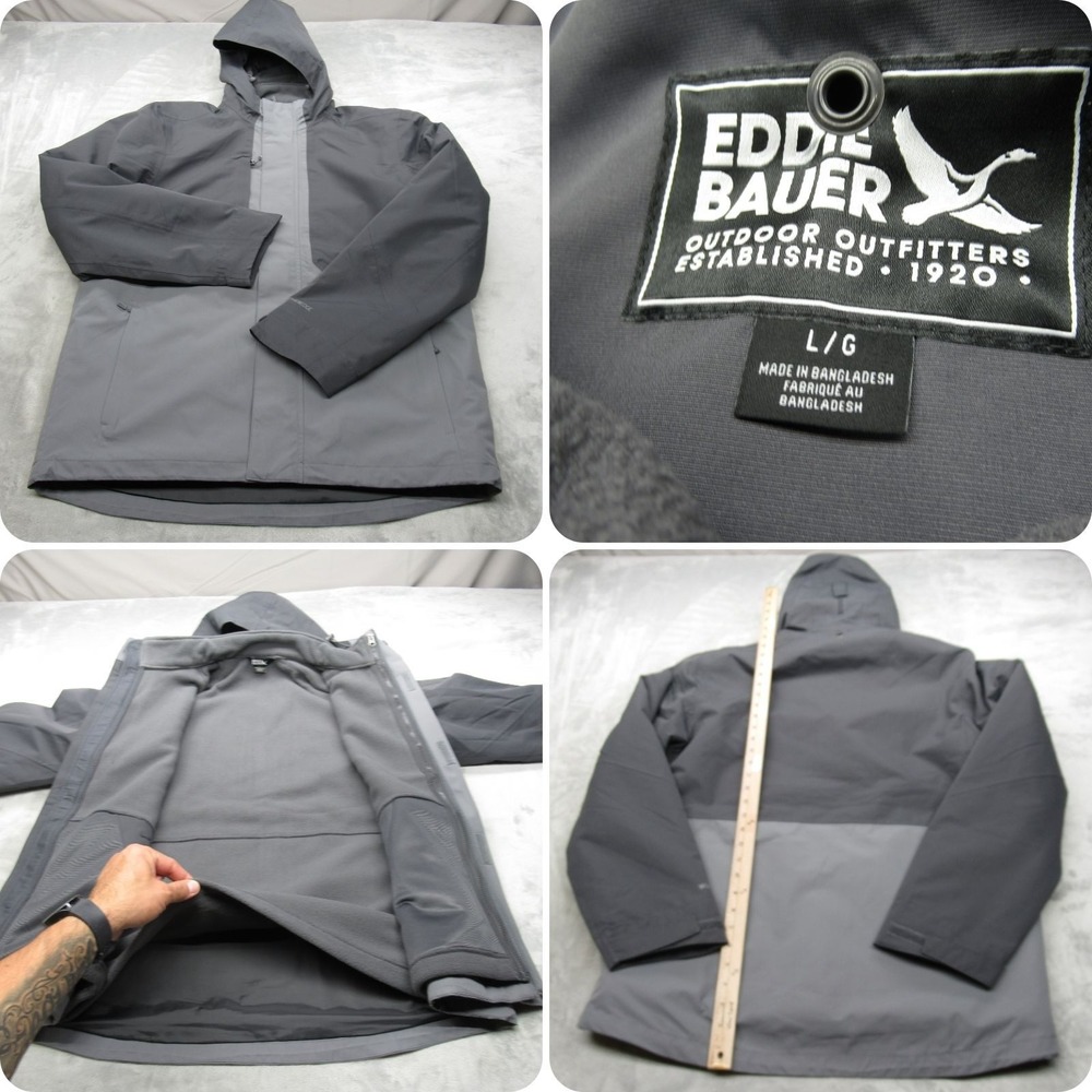 Eddie Bauer Jacket Mens Large Gray Hooded Water Resistant Removable Liner‎ 3in1